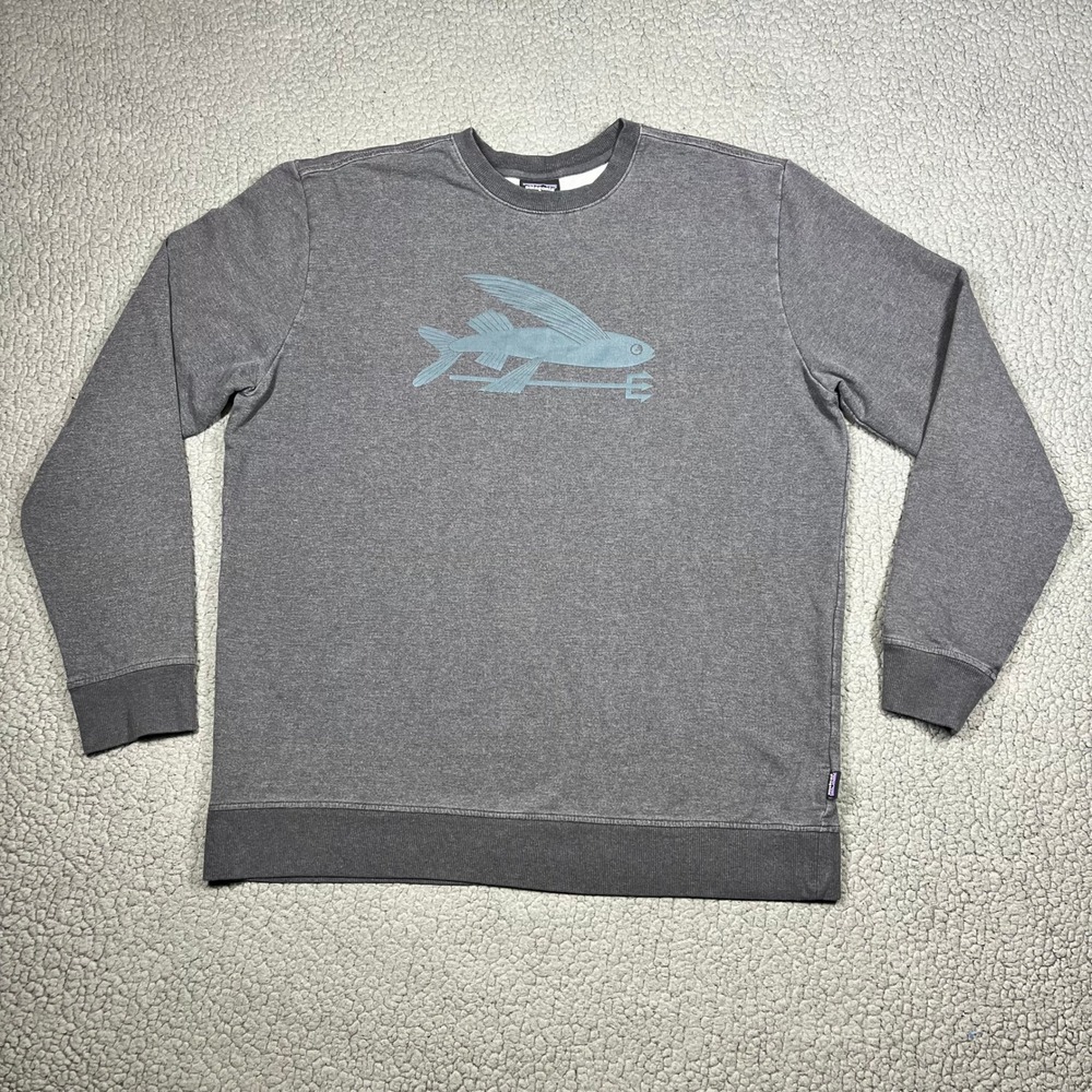 Patagonia Sweatshirt Mens L Flying Fish Trident Graphic Gray Gorpcore